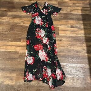 XL Dark Romantic Black Floral Maxi Dress Ruffle Sleeve Tie Back V-Neck High Slit